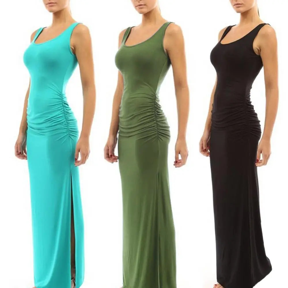 Solid Color Women Scoop Neck Sleeveless  Long Dress