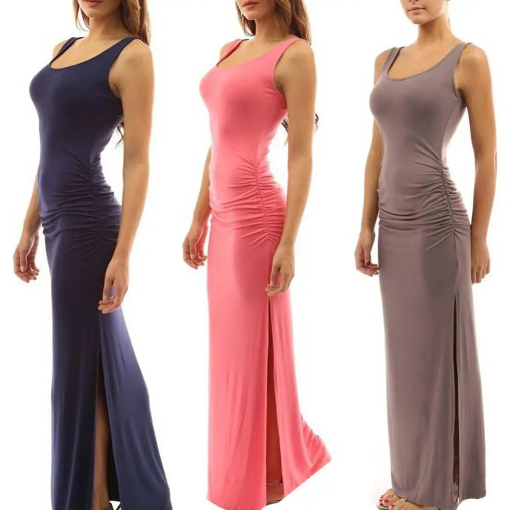 Solid Color Women Scoop Neck Sleeveless  Long Dress