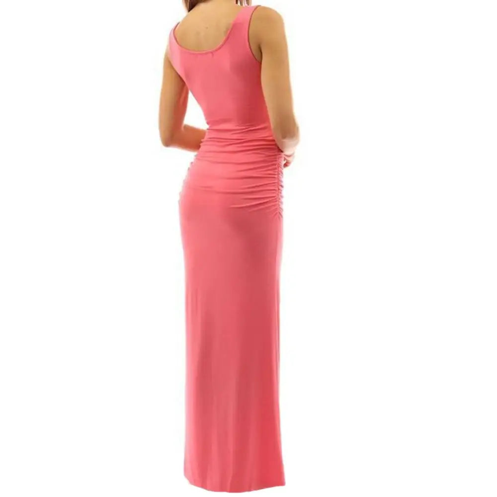 Solid Color Women Scoop Neck Sleeveless  Long Dress