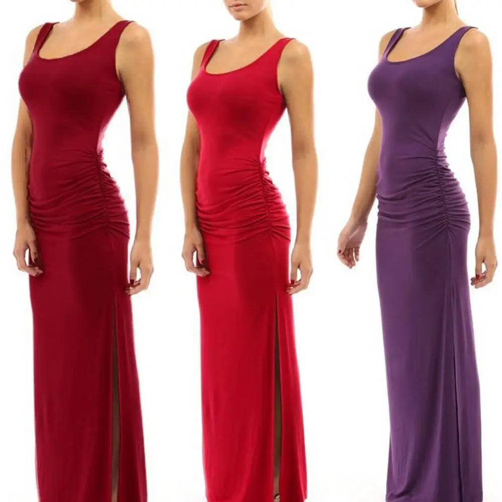 Solid Color Women Scoop Neck Sleeveless  Long Dress