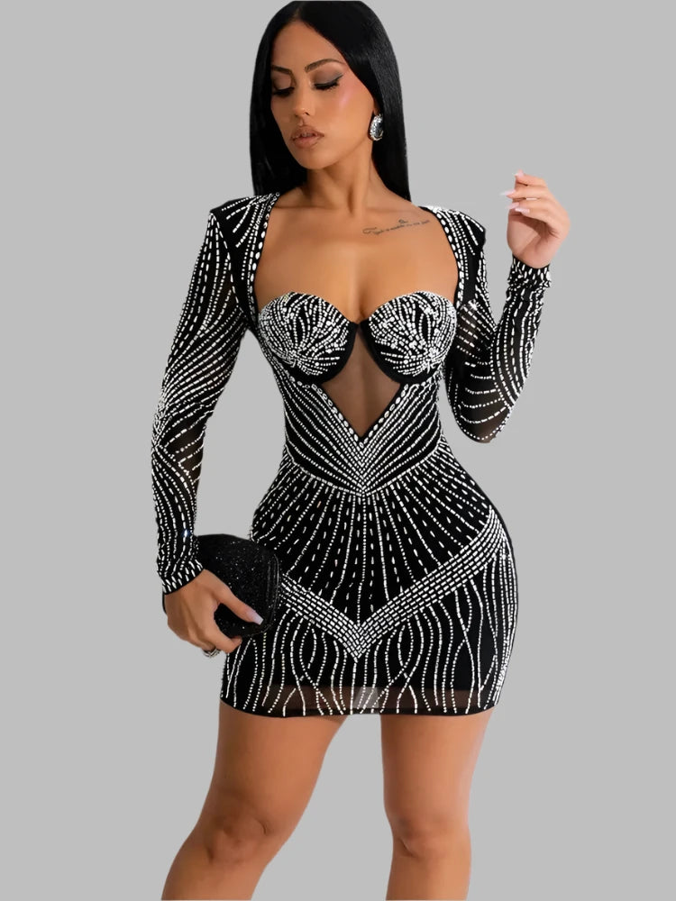 Black Rhinestone Padded Mini Dress