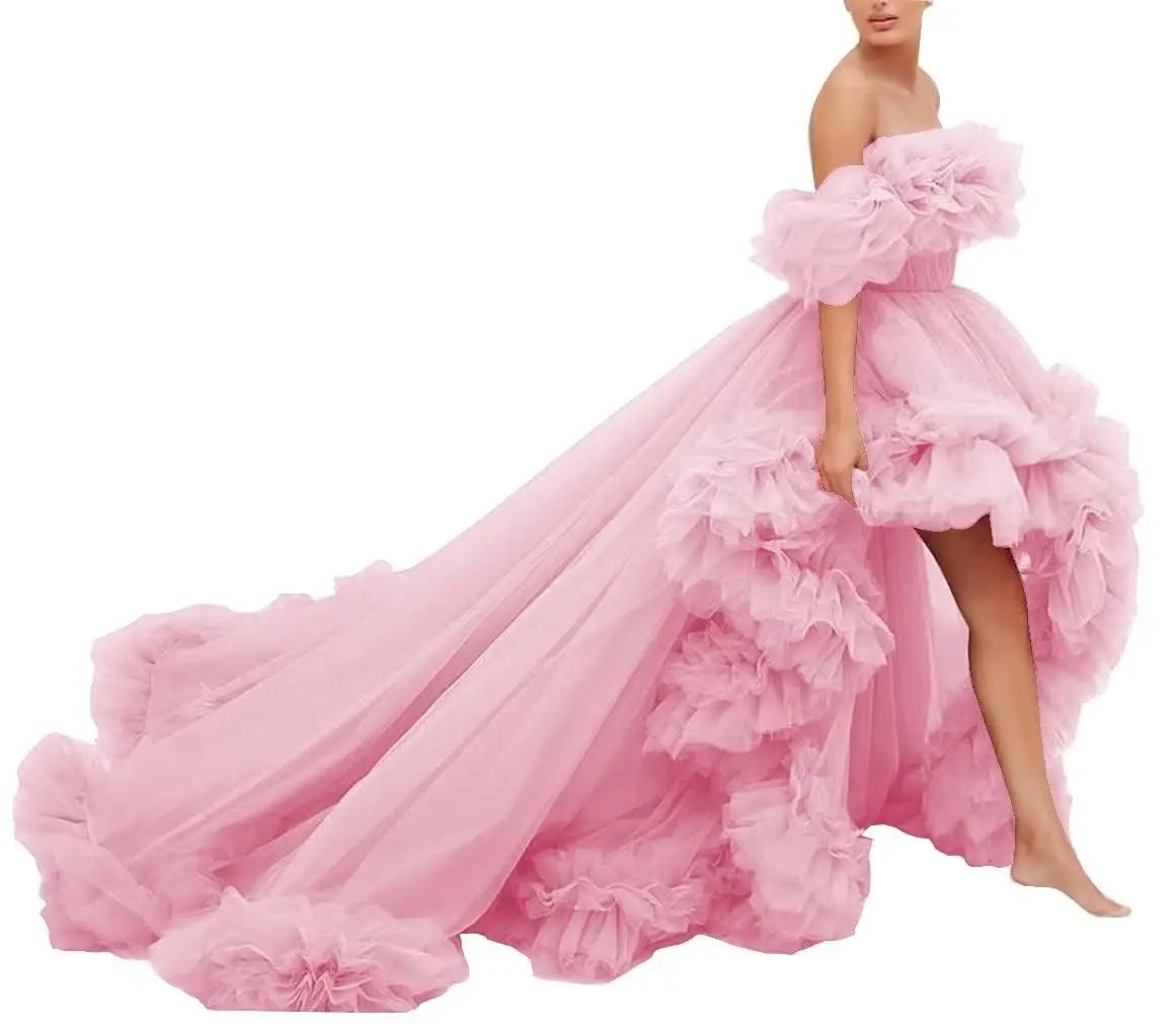 High Low Tulle Prom Dress Off Shoulder Ruffles Long Princess Evening Ball Dress