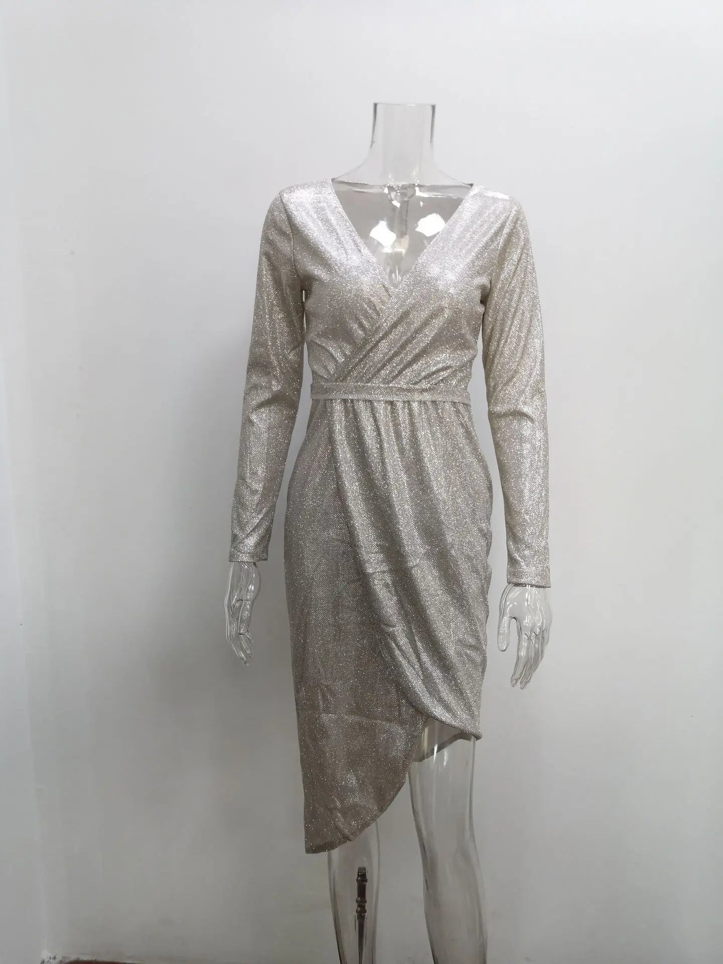 Women's Gold Plated Long sleeved V-neck Sparkling Dress