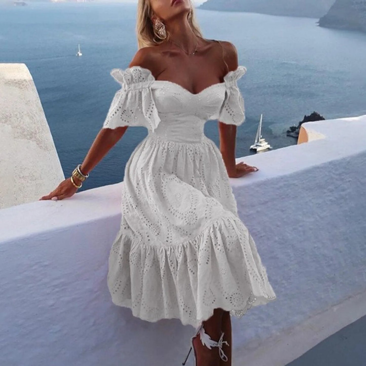 Off Shoulder Dresses for Women Boho Hollow Out Crochet Ruffled.