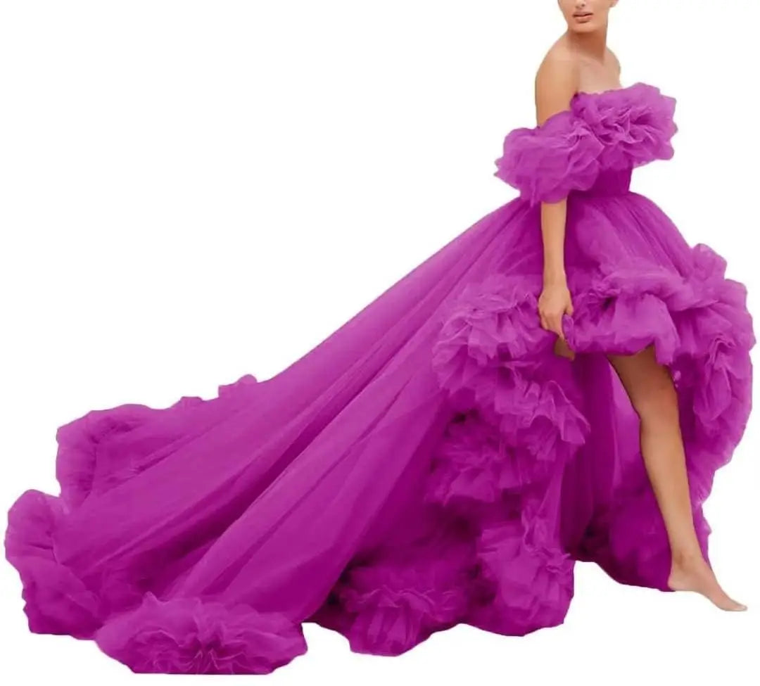 High Low Tulle Prom Dress Off Shoulder Ruffles Long Princess Evening Ball Dress