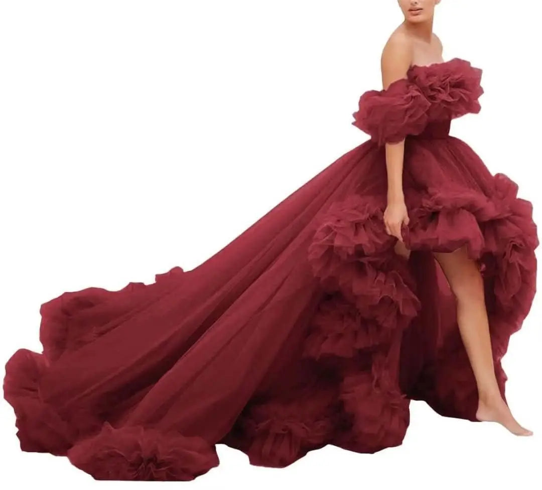 High Low Tulle Prom Dress Off Shoulder Ruffles Long Princess Evening Ball Dress