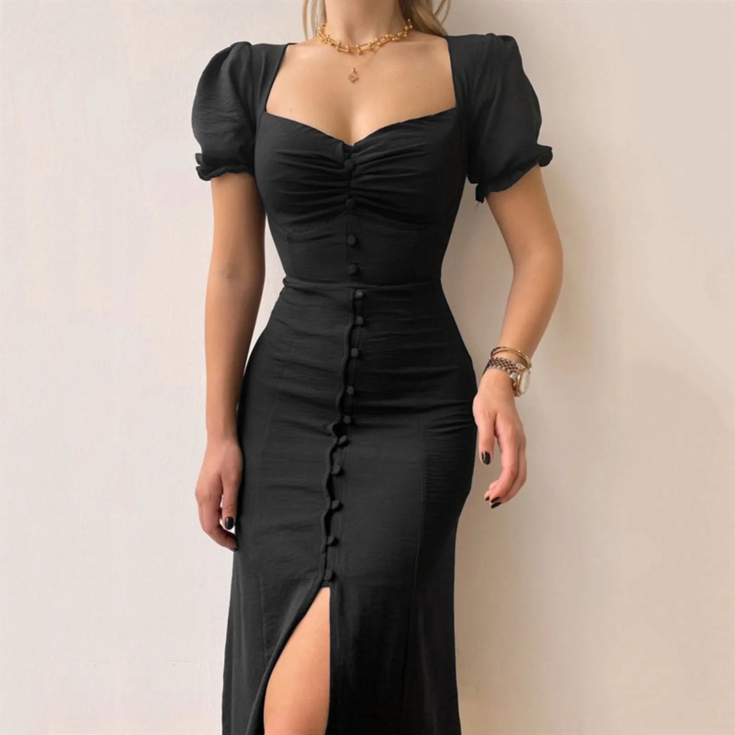 Puff Sleeve Square Neck Slim Midi Dress