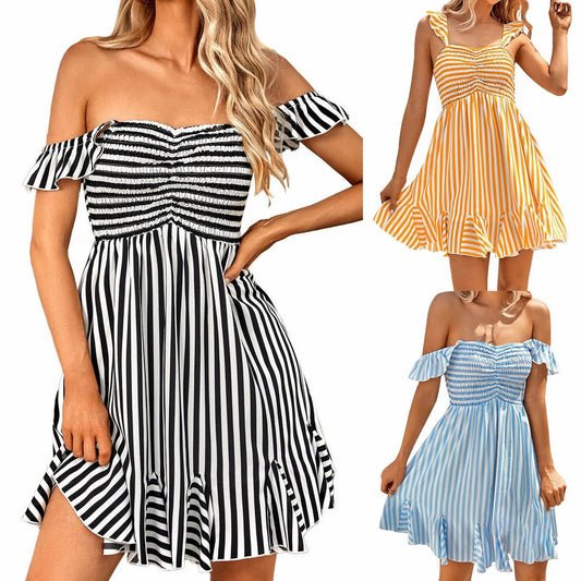 Casual Open Shoulder Ruffled Stripe Dress