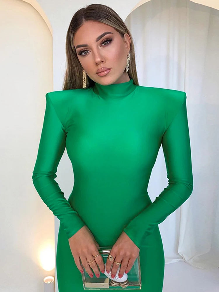 Long Sleeve With Shoulder Pads Turtleneck Maxi Dress