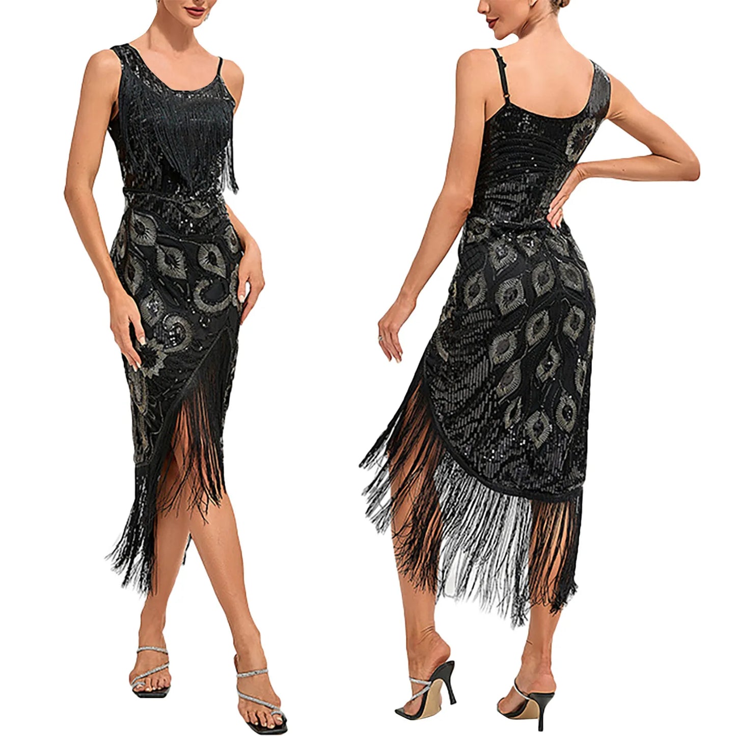 1920s Flapper Fringe Sequin Dress Retro Charleston Prom Dress.