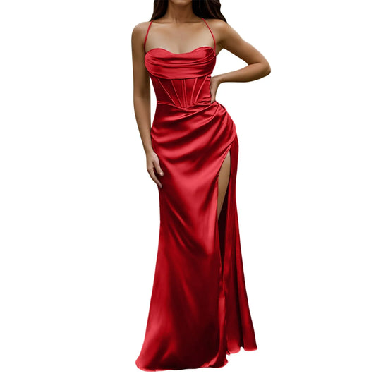 Elegant satin corset dress with spaghetti straps and push-up support.