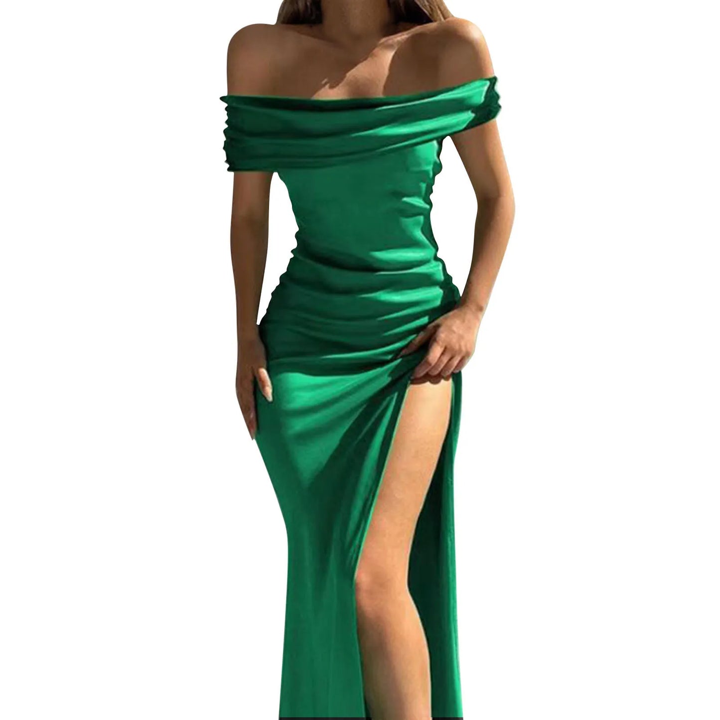 Elegant Off-Shoulder Satin Midi Dress – Slim Fit, Side Slit