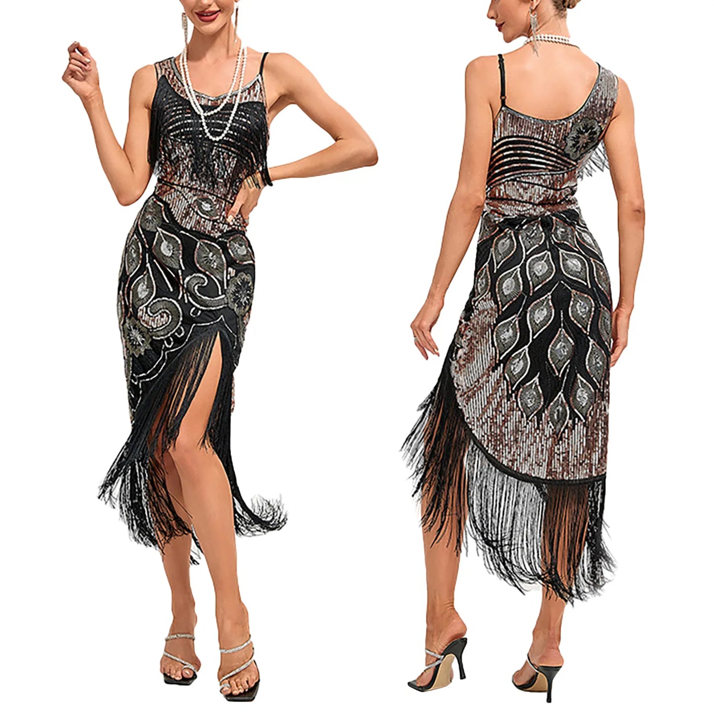 1920s Flapper Fringe Sequin Dress Retro Charleston Prom Dress.