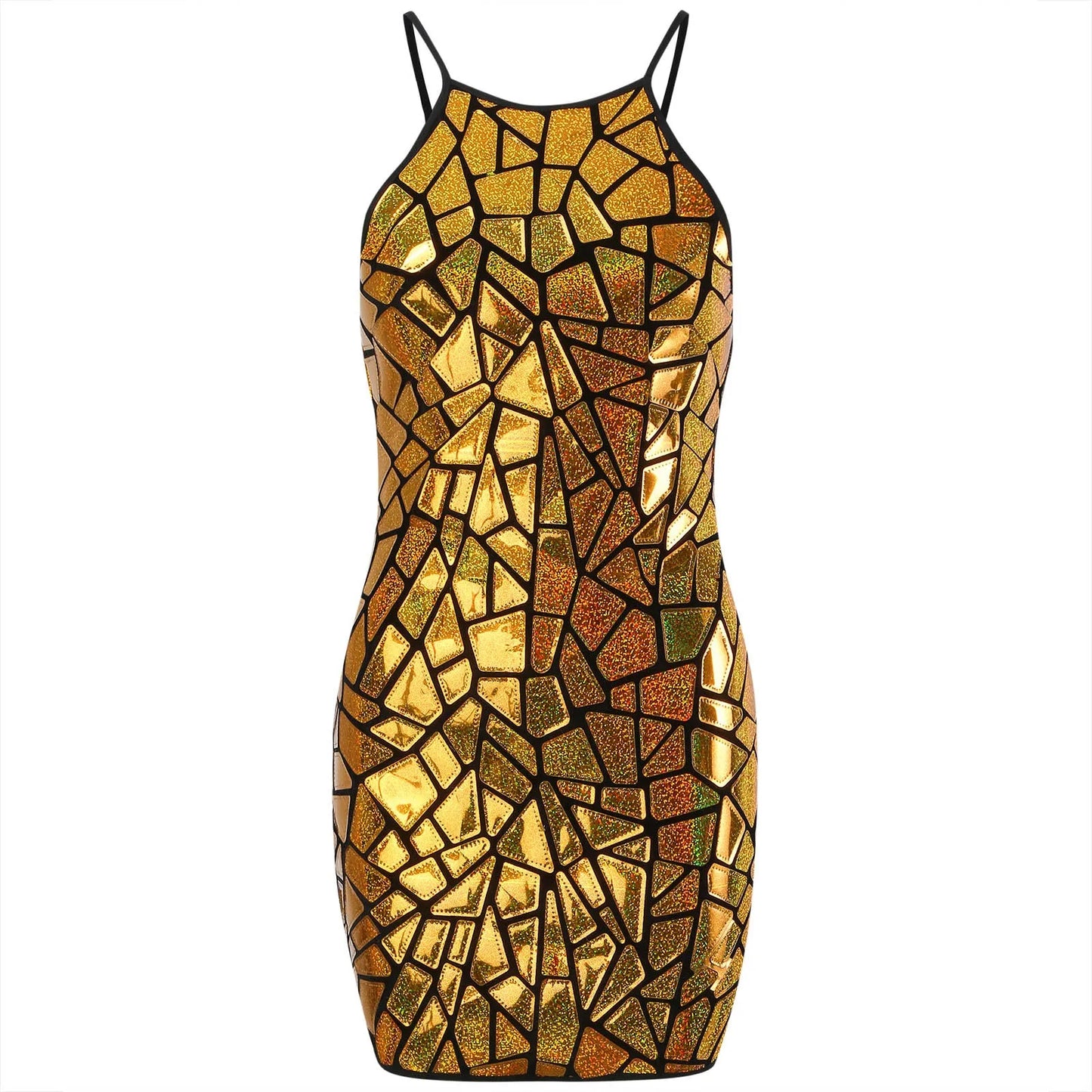 Women Sexy Shiny Metallic Sequin Halter Dress Sleeveless Round Neck Bodycon Mini Dresses