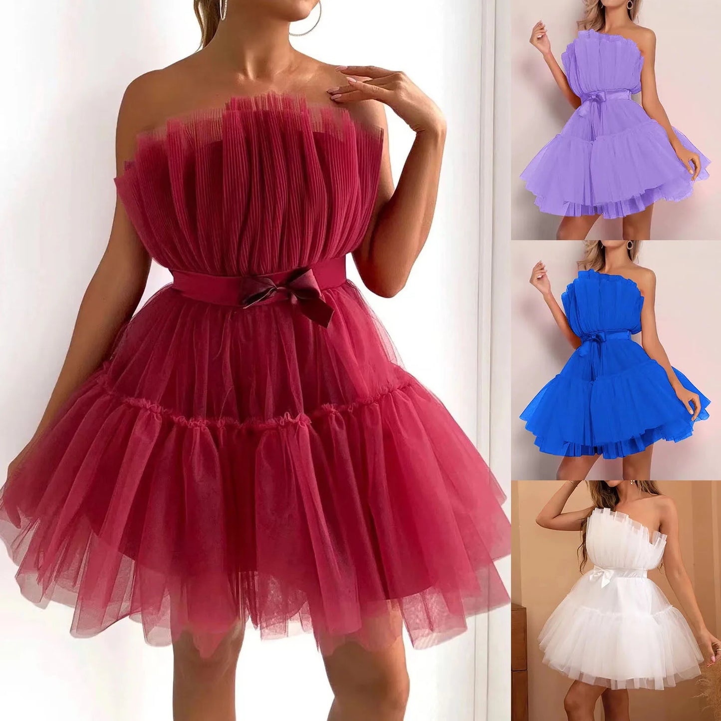 Strapless Mesh Splicing White Dress Temperament Bowknot Tutu Dresses