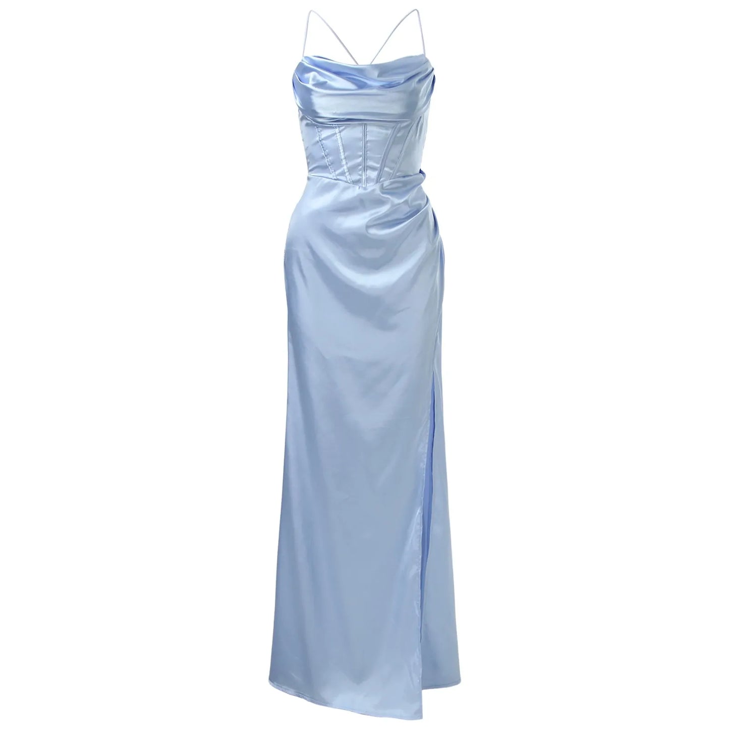 Elegant satin corset dress with spaghetti straps and push-up support.