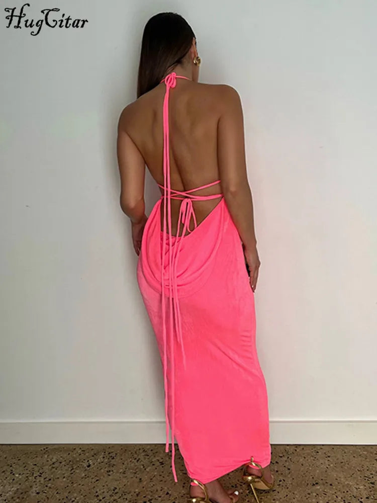 Swing Collar Backless Sleeveless Drawstrings Hollow Out Slit Sexy Maxi Prom Dress