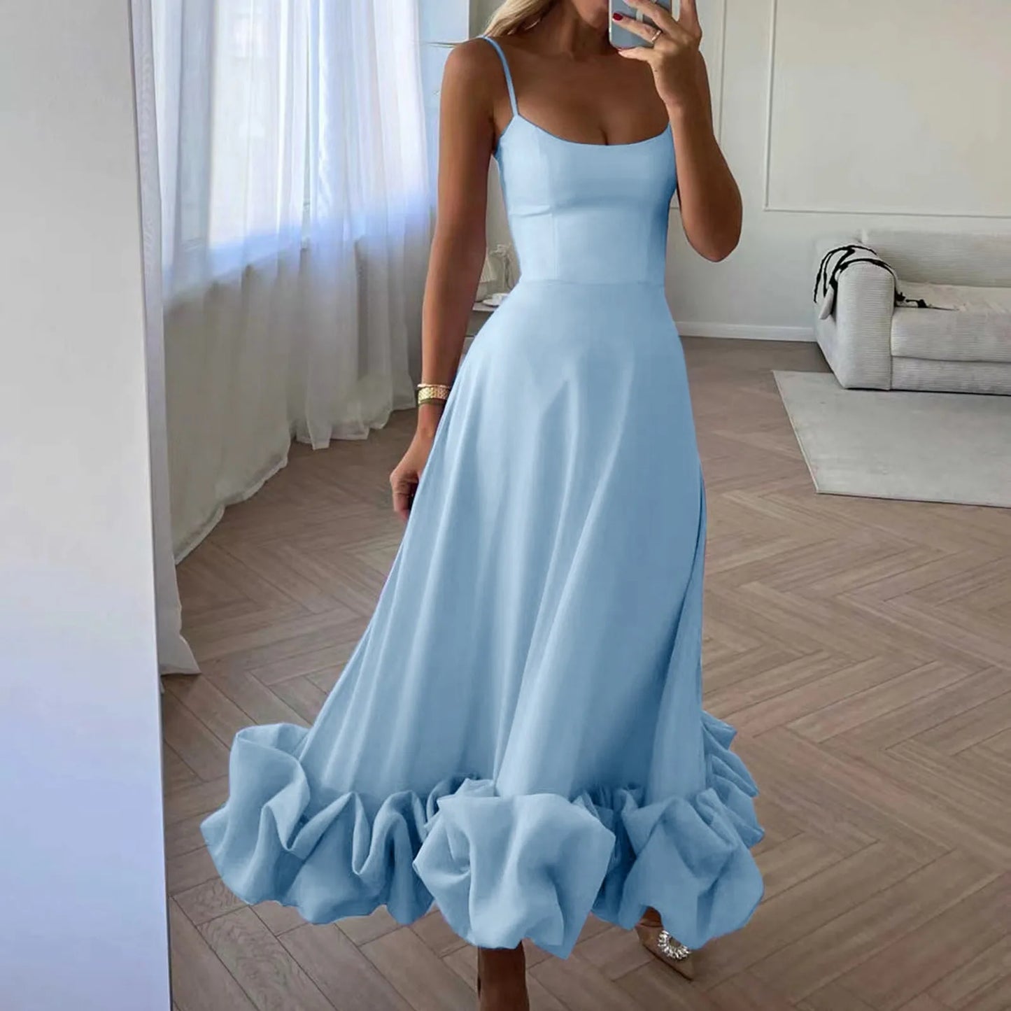 Women's Strapless A-Line Dress with 3D Flower Detail – Elegant Summer Swing Skirt.