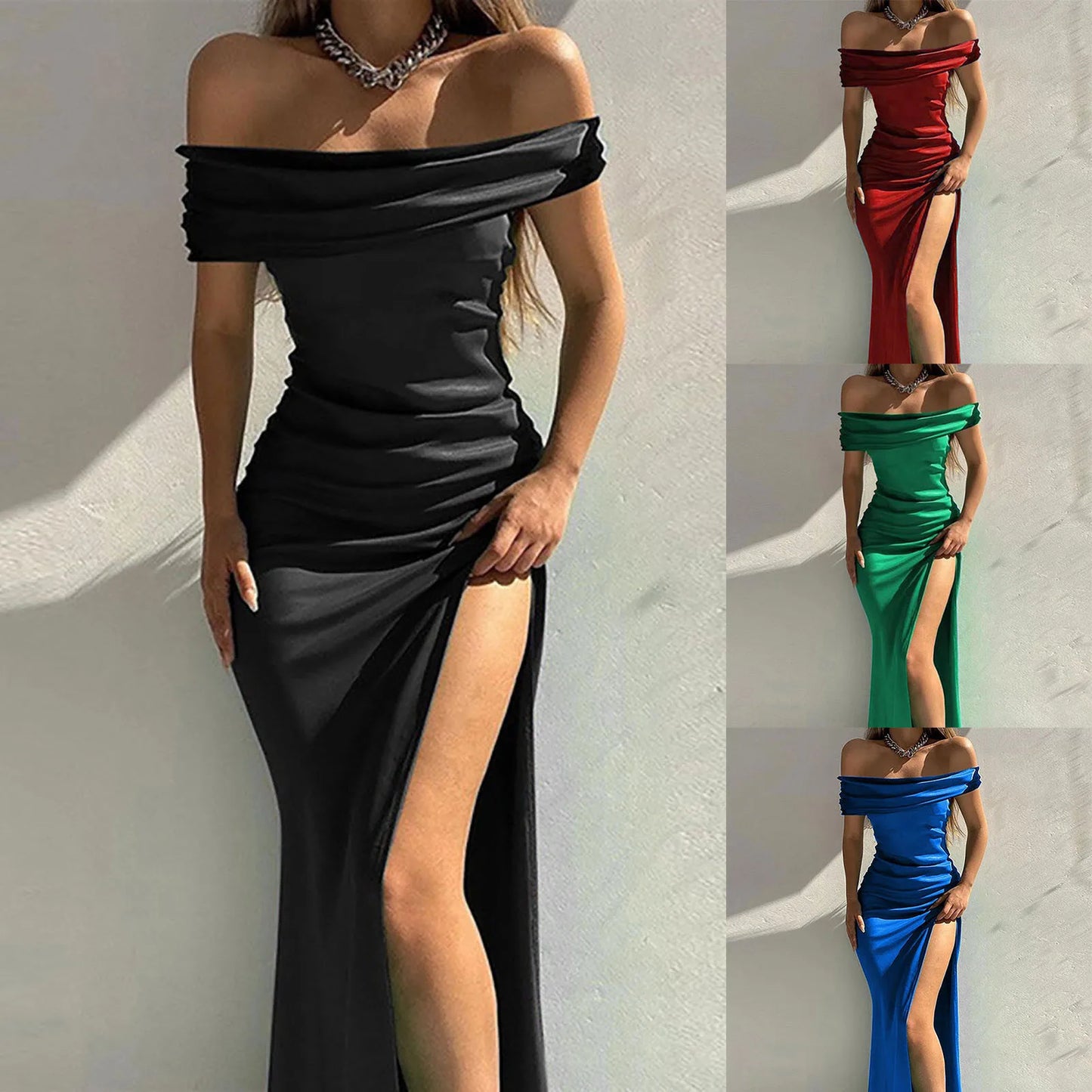 Elegant Off-Shoulder Satin Midi Dress – Slim Fit, Side Slit