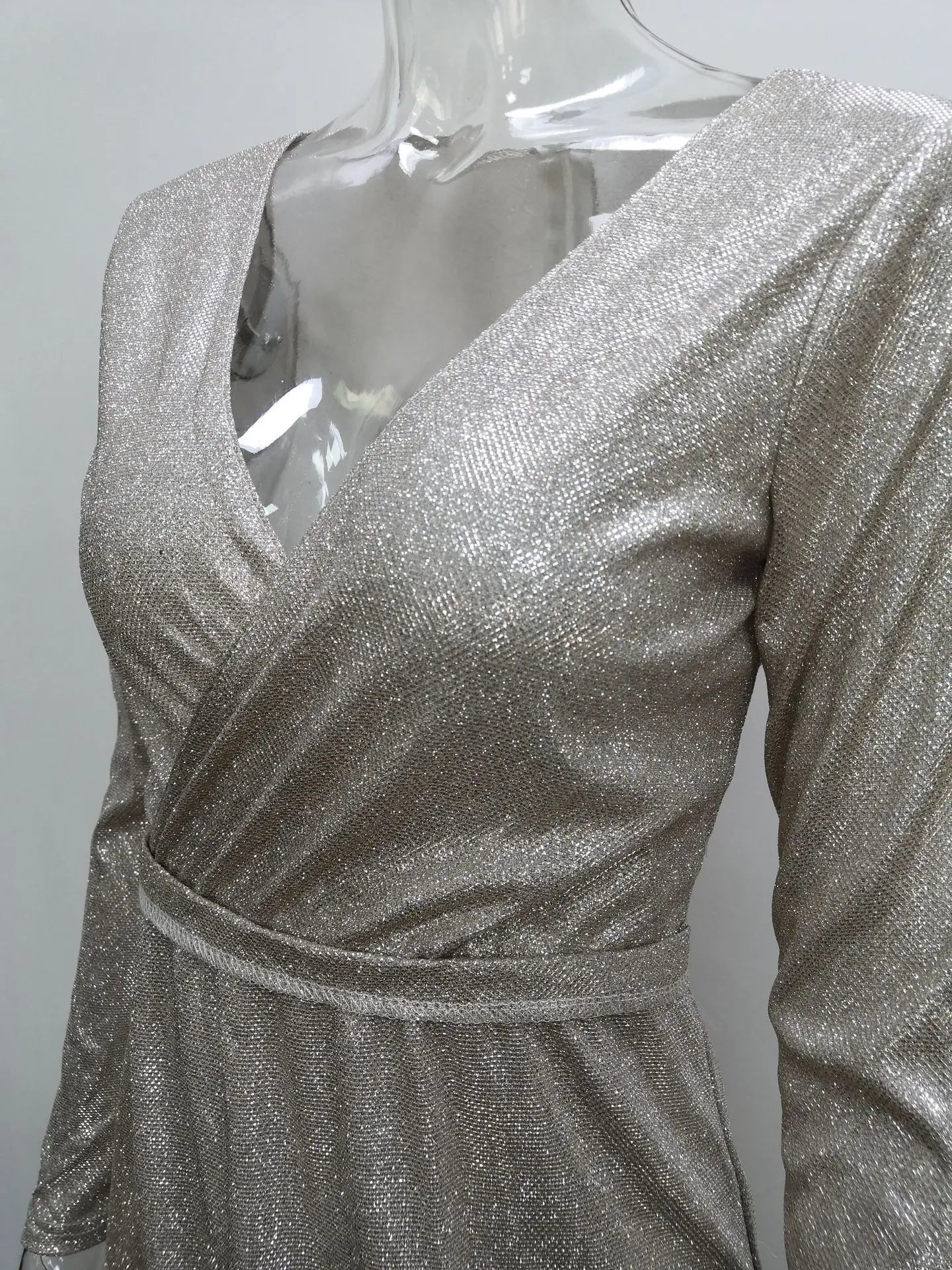 Women's Gold Plated Long sleeved V-neck Sparkling Dress