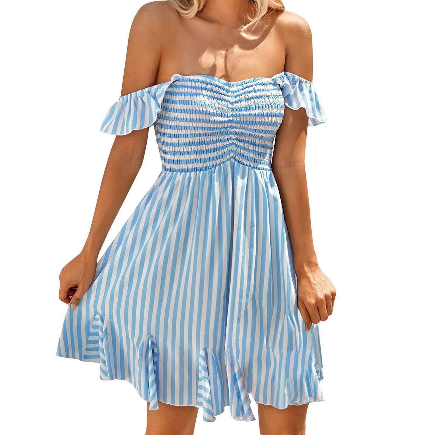 Casual Open Shoulder Ruffled Stripe Dress