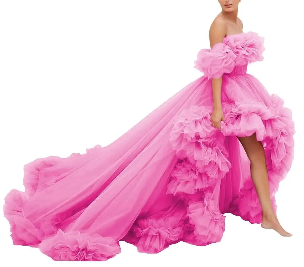 High Low Tulle Prom Dress Off Shoulder Ruffles Long Princess Evening Ball Dress