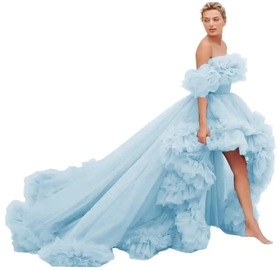 High Low Tulle Prom Dress Off Shoulder Ruffles Long Princess Evening Ball Dress