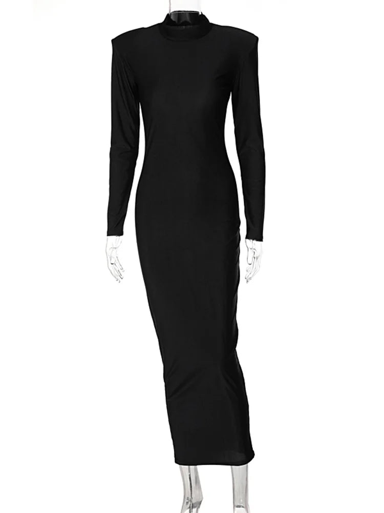 Long Sleeve With Shoulder Pads Turtleneck Maxi Dress