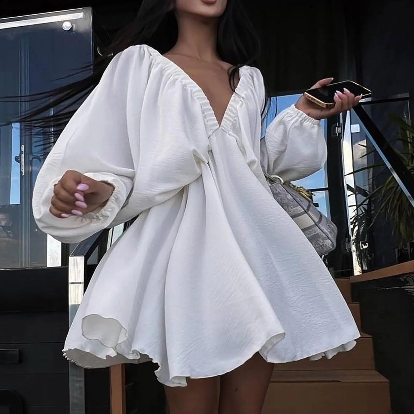 Deep V Neck Temperament Retro Solid Color Pleated Dress Elegant Long Sleeve.