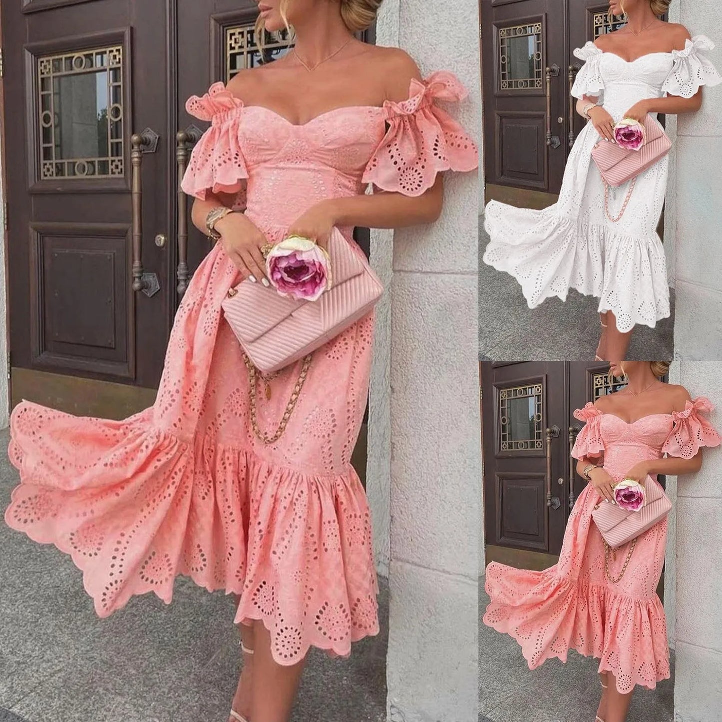 Off Shoulder Dresses for Women Boho Hollow Out Crochet Ruffled.